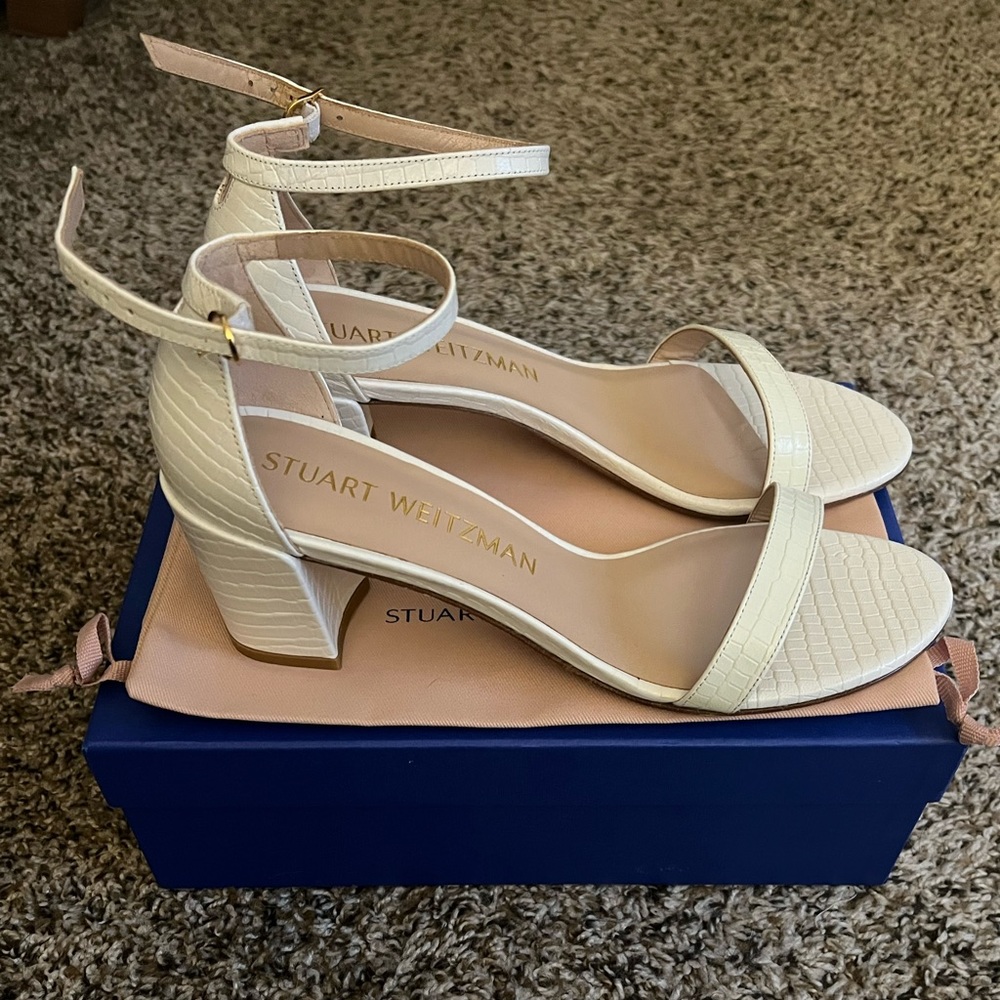 New in Box, Stuart Weitzman Block Heel White Croc Sandals